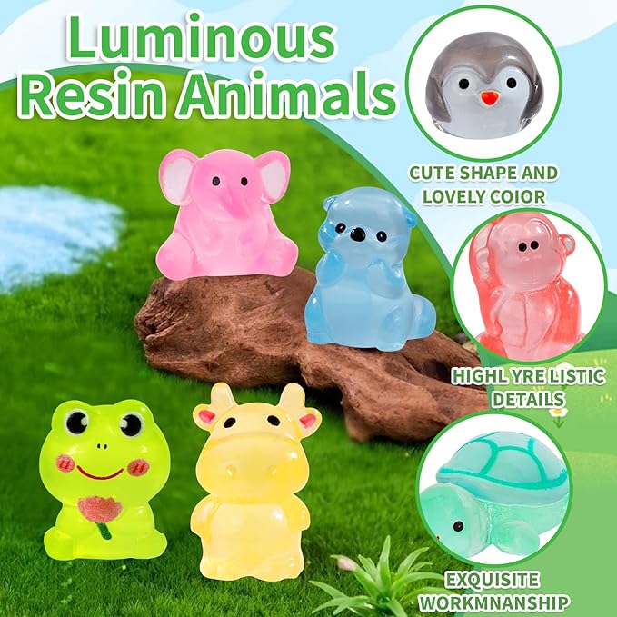 180pcs Luminous Mini Resin Animals Colorful Tiny Small Little Glow in the Dark Mini Resin Figures to Hide Miniature Animal Figurines for DIY Dollhouse Micro Garden Landscape Aquarium Decor Gift Crafts