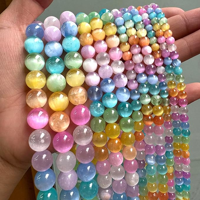 45PCS 8MM Natural Stone Colorful Selenite Gypsum Beads Round Loose Beads for Jewelry Making DIY Bracelet Necklace Accessories 15" Energy Healing Power Stone Beads