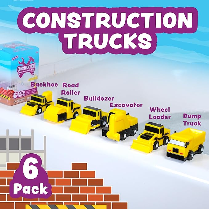 Tub Works® Construction™ Trucks Mold Free Bath Toys, 6 Pack | Sealed, No Hole Bath Toys Design Keeps Moisture Out | Soft, Squeezable & Float on Water | Baby & Toddler Bathtub Toys | Baby Pool Play