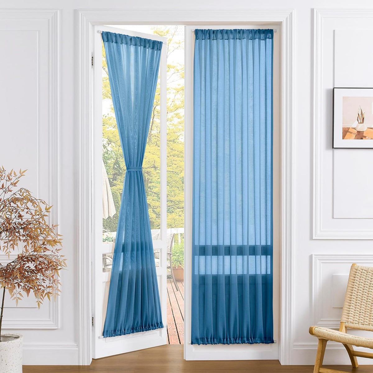 Tollpiz Sheer Door Curtains Closet Linen Textured Curtains Sheer Doorway Light Filtering Voile Rod French Door Pocket Curtain Patio Glass Door, 25 x 72 inches Long, Classic Blue, Set of 1 Panel