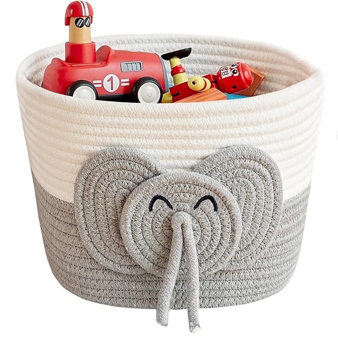 Adorable Small Elephant Cotton Rope Basket - Gift Empty Baskets - Toy Storage Basket, Woven Basket for Baby Essentials, Decorative Woven Basket for Nurseries and Playrooms (11"x7")