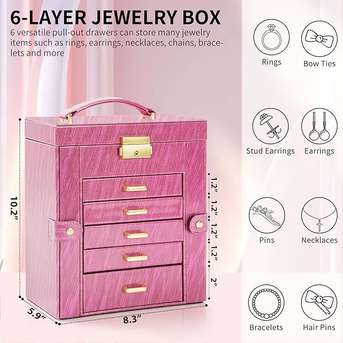 AKOZLIN 6-Tier Jewelry Box Lockable Leather Jewelry Storage Case with 5 Drawers for Women Girls Ring Necklace Earring Bracelet Holder Organizer with Mirror Rose