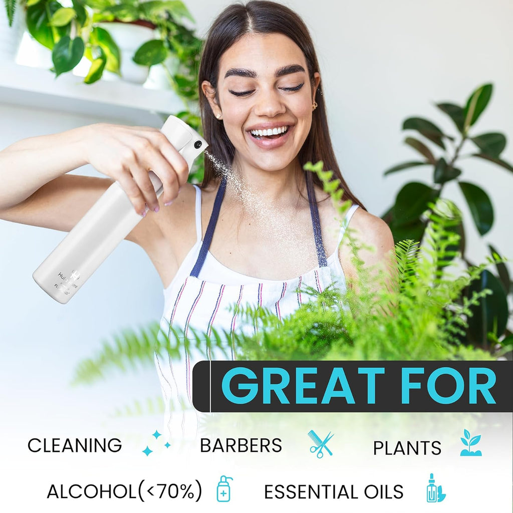 Hula Home Spray Bottle for Hair (10.1oz/300ml) - Powered by Flairosol® Spray Technology - Continuous Ultra Fine Mist Sprayer – For Hairstyling, Cleaning, Salons, Plants, Essential Oil - All White
