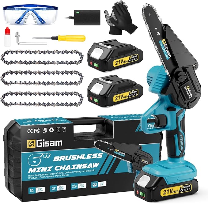 Mini Chainsaw Cordless 6 Inch, Brushless Motor Electric Saw - 2x2Ah Batteries, 2025 Upgraded, Safety Lock, Portable Handheld for Tree Trimming, Wood Cutting, Camping/DIY, Gift for Dad Husband