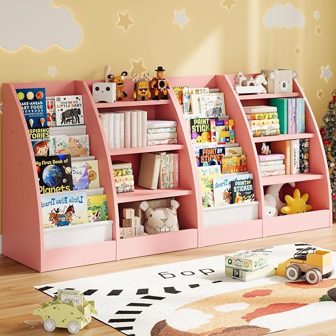 4 Tier Kids Bookshelf Set of 2,4 Layer Sling Kids Book Shelf for Kids Rooms,Wood Children Bookcase,Baby Storage Book Rack,Toddler Bookshelf, Book and Toy Organizer,Book Display Shelf for Nursery