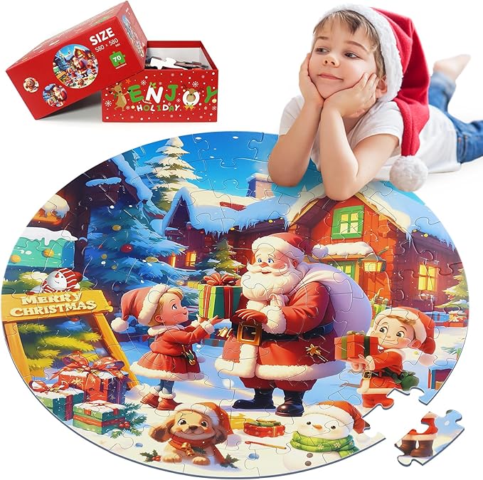 Christmas Puzzles for Kids Ages 4-6, Kids Puzzles with Santa Claus & Snowman,70 Piece Round Large Floor Puzzles for Kids Ages 3 4 5 6 7 8, Educational Toy Gift Jigsaw Puzzles for 5 Year Old Boys Girls