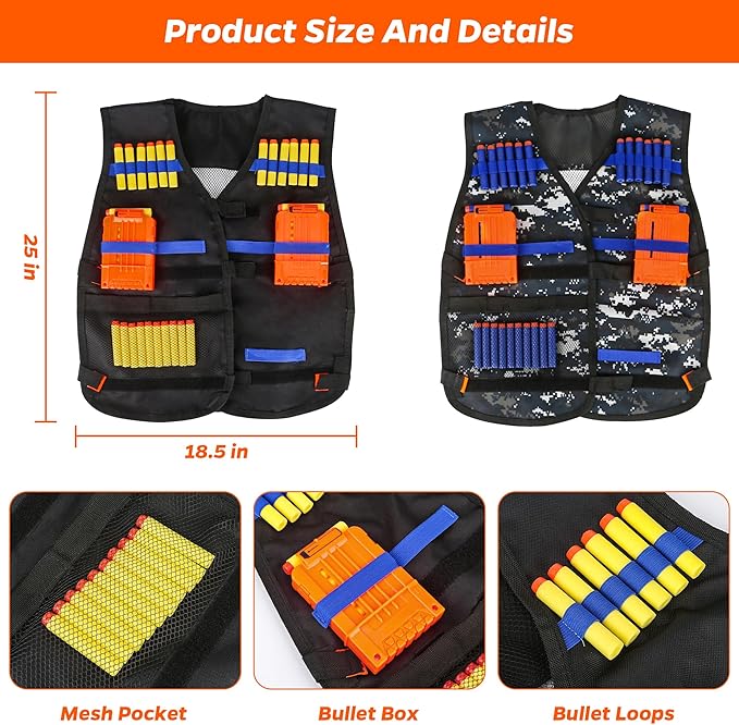 Kids Tactical Vest Kit for Nerf Guns Series with Refill Darts,Dart Pouch, Reload Clips, Tactical Mask, Wrist Band and Protective Glasses,Nerf Vest Toys for 4 5 6 7 8 9 10 11 12 Year Boys(2 Pack)