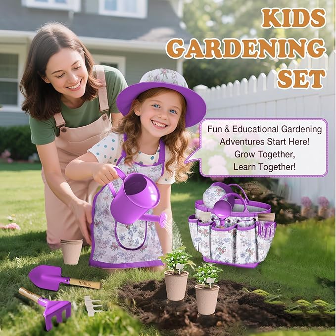 Kids Gardening Tool Set 18PCS Kids Toddler Gardening Set Includes Tote Bag Watering Can Apron Hat Rake Shovel Spoon Gloves Plant Pots and Labels, Outdoor Toys Gift for Boys Girls (Purple)