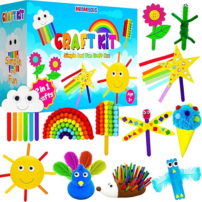 MHMYDIS First Craft Kit for Kids - 12 in 1 No Mess Creative Arts and Crafts kit for Kids Ages 4-8 - Toddler Crafts Kit Supplies - Gifts for Girls and Boys 3 4 5 6 7 8 Year Old