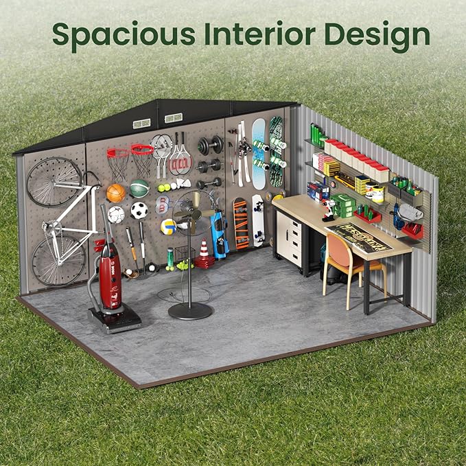 GVDV 10X12 FT Outdoor Storage Shed, Durable Metal Outside Storage for Garden, Patio and Backyard, Waterproof Shelter for Tools, Equipment
