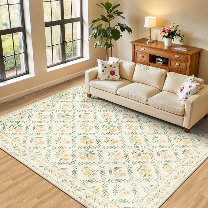 Area Rug Living Room Rugs: Floral 5x7 Washable Rug Vintage Soft Boho Non-Slip Carpet Indoor Stain Resistant Large Carpets for Bedroom Dining Room Farmhouse Nursery Hallway Home Office Beige/Multi