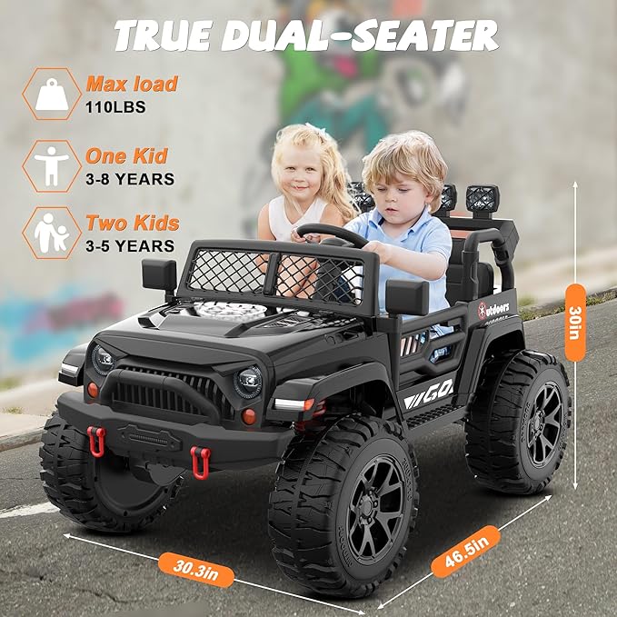 ANPABO 24V 2 Seater Ride On Car for Kids w/EVA Tires, 4X200W Motors, 4 Shock Absorbers, 2.4G Remote Control, Bluetooth Radio, LED Headlights & Searchlights, Electric Car for Kids Ages 3-8, Black