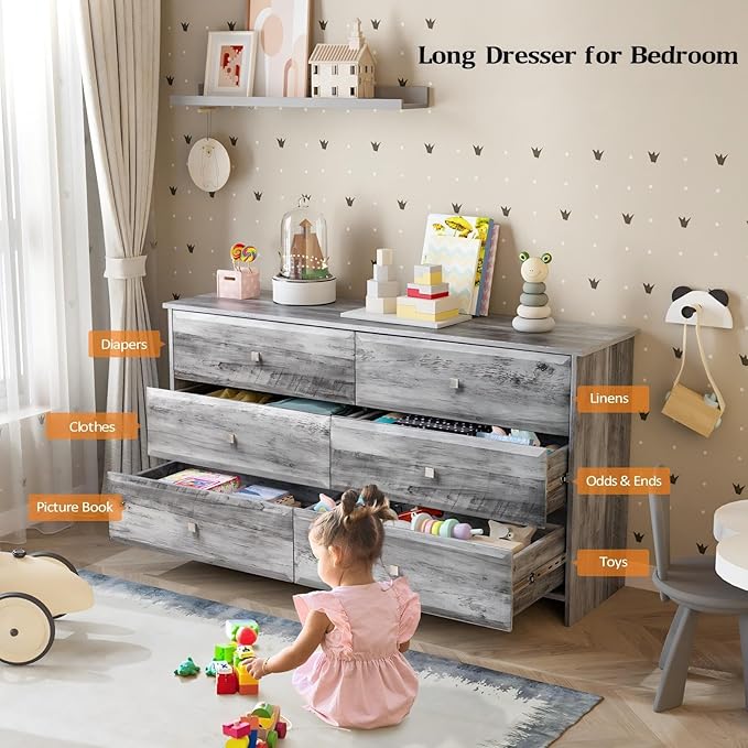 VINGLI Gray Dresser 6 Drawer, 54" Long Dresser for Bedroom, Wood Chest of Drawers with Textured Drawer Fronts, Rustic Grey Dressers Chest, 14.5" D x 53.9" W x 29.1" H