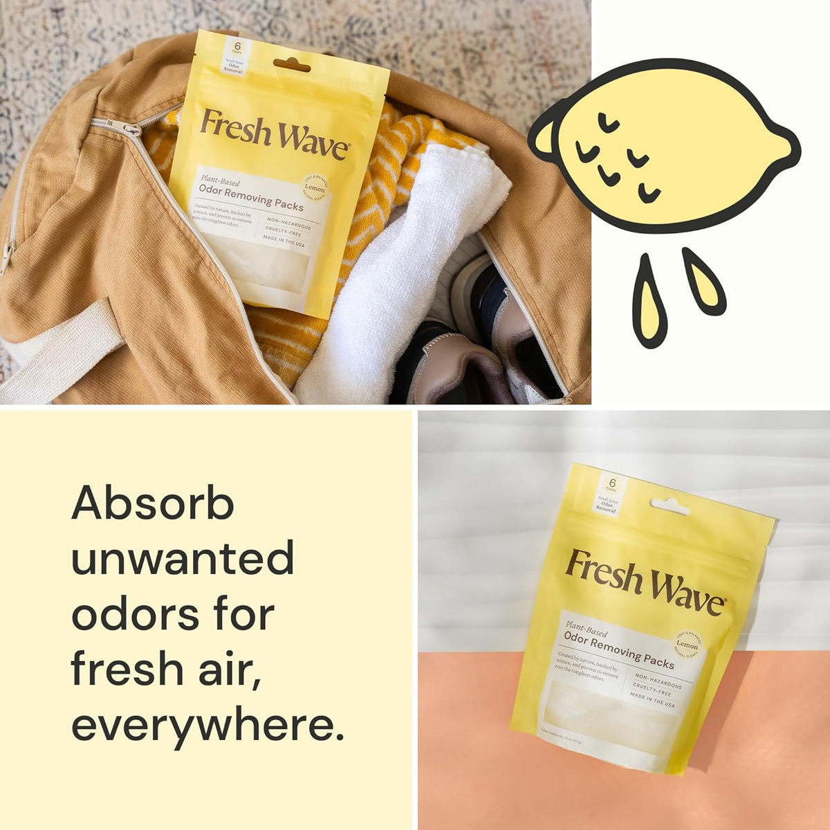 Fresh Wave Lemon Odor Eliminating & Deodorizing Packs | Bag of 6 | Safer Odor Relief for Small Spaces | Natural Plant-Based Odor Eliminator | Odor Absorbers for Home
