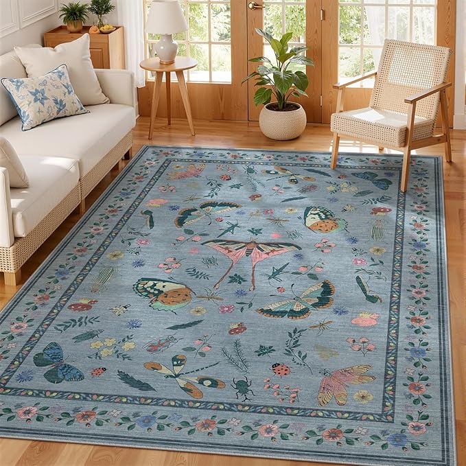 5x7 Washable Area Rug with Insect Print - Bug Rug Non-Shedding Stain Resistant Soft Carpet for Bedroom, Low Pile Ultra-Thin Machine Washable Carpet for Dining Room, Kids Nursery, Office (5'x7' Blue)