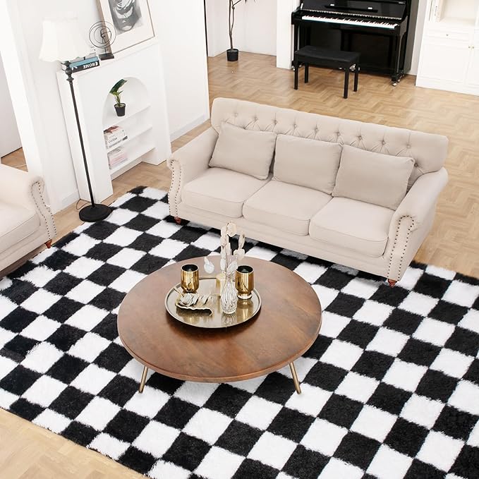 Super Soft Rug for Bedroom, 3x5 Ft Black and White Area Rug Classic Checkered Shaggy Anti-Skid High Pile Soft Fluffy Rug Fuzzy Carpet for Living Room Bedroom Kids Room Nursery, Dorm Home Decor