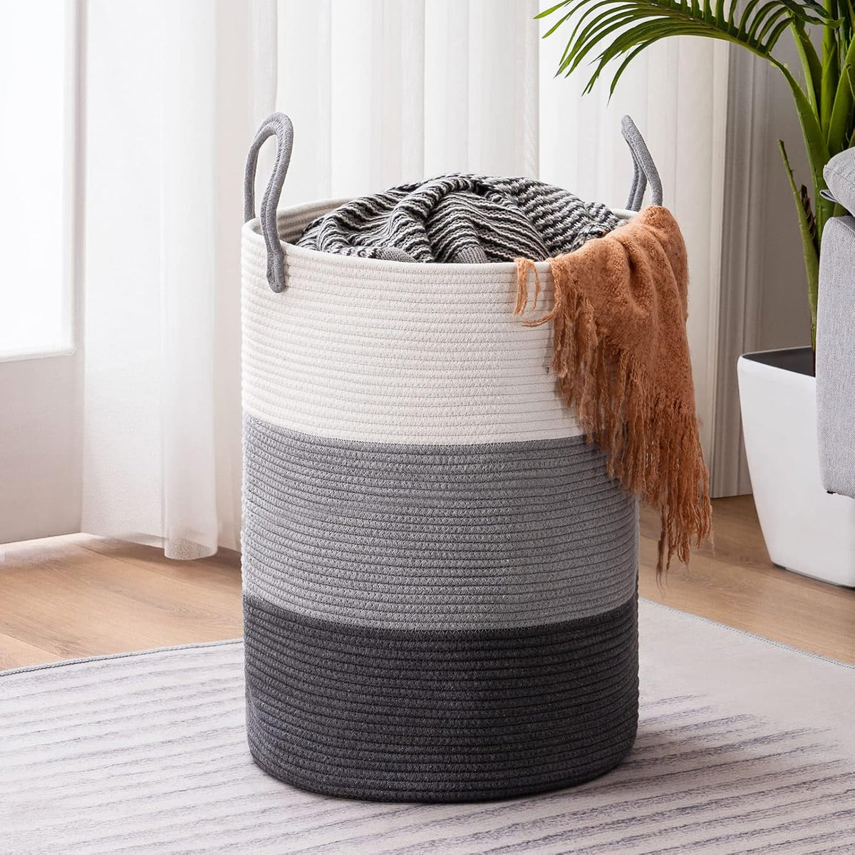 YOUDENOVA Woven Rope Laundry Hamper Basket, 58L Tall Luandry Basket, Baby Nursery Hamper for Blanket Storage, Clothes Hampers for Laundry in Bedroom-Large-Dark Grey