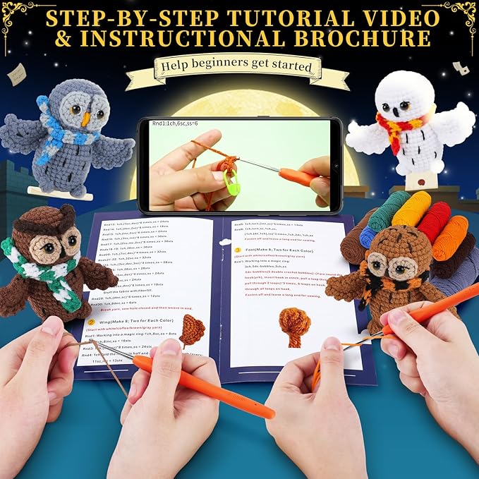 Crochet Kit for Beginners - 4 PCS Owl Crochet Kit with Step-by-Step Video Tutorials, Beginner Crochet Kits for Adults, Crochet Animal Kit for Kids, Crochet Magical Owls Set (White&Brown&Gray&Coffee)