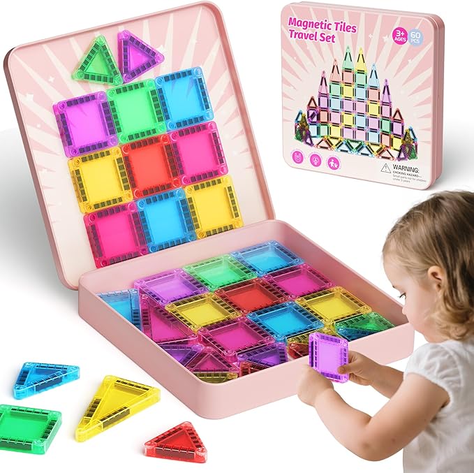 Travel Magnetic Tiles Building Set 60 PCS Transparent 3D Magnetic Blocks with Construction Board STEM Educational Building Toys for Boys & Girls Ages 3-12