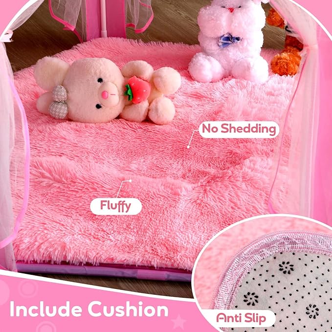 Princess Castle Tent with Rug for Girls Fairy Play Tents for Kids Hexagon Playhouse with Fairy Star Lights Toys for Children or Toddlers Indoor Games (Pink Princess Tent with Rug)