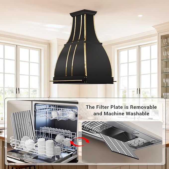 CHETTO C Stainless Steel Range Hood Cover with 4-Speed Vent Hood Insert Custom Handmade Metal Kitchen Fan with Towel Rack LED Light 54"W x27"D x51"H Black Island Mount