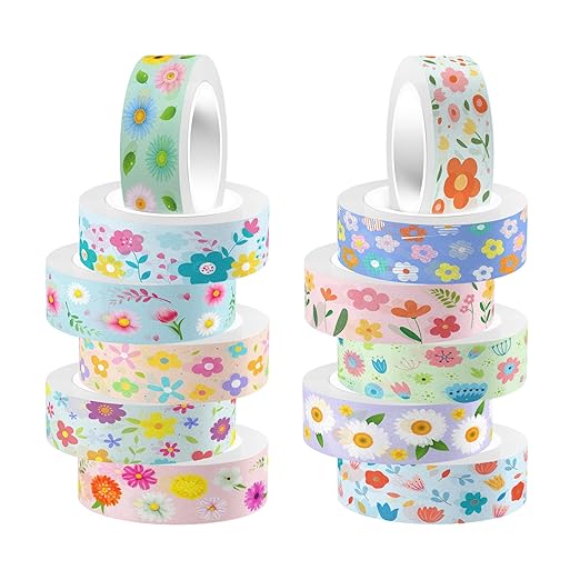 12 Rolls Sunflower Washi Tape Set, Floral Botanical Writable Masking Tapes, Cute Spring Colored Adhesive Tapes for DIY Art Crafts, Gift Wrapping, Scrapbook, School Supplies, Painters, Planners 16.4Ft