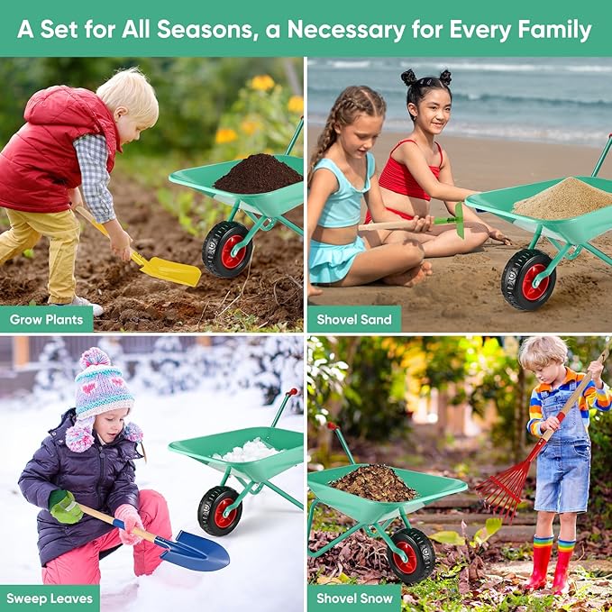 GOLDGE 10pcs Kids Gardening Tool Set - Wheelbarrow Outdoor Toy with Shovel, Rake, Pretend Weed Digging Tools, Backyard Play for Toddlers, Boys, Girls. Ideal Birthday or Valentine's Gift for Ages 3-5