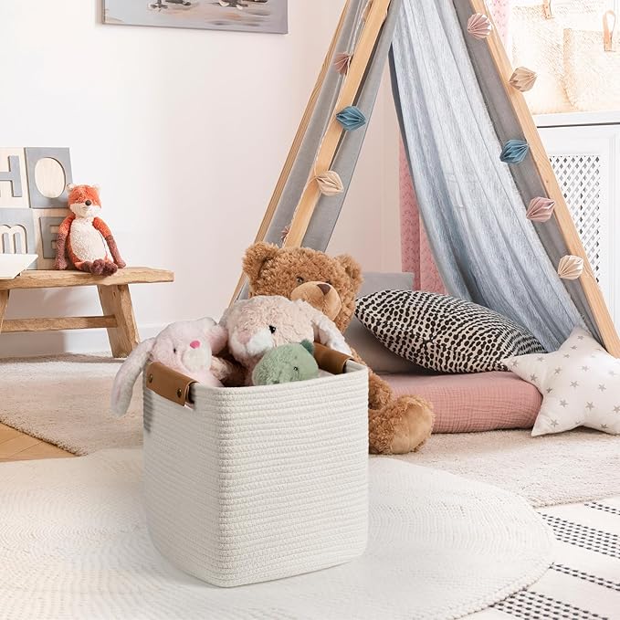 danpinera Set of 3 11 Inch Storage Baskets, Cube Storage Bins, White Woven Baskets with Stable Leather Handles, Square Cotton Rope Bins for any Room, Easy to Recover