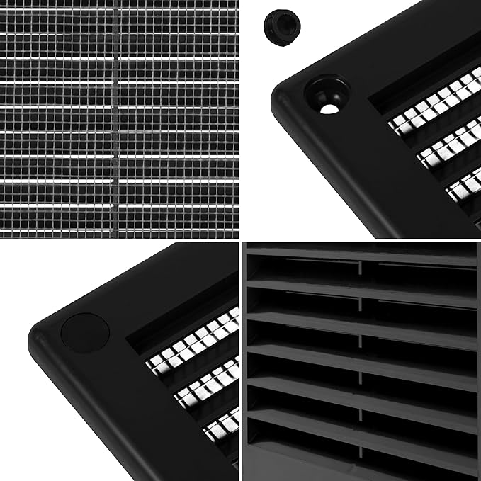 Repa Market 4 x 4 Inch (Outer) Black Square Air Vent Cover - Pack of 2 Plastic Fresh Air Intake Vent - AC Cover with Nylon Mesh Screen, Wall, Ceiling HVAC Return Air Register, Modern Soffit Vents