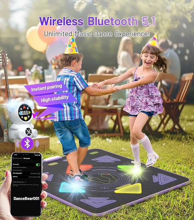 FWFX Dance Floor Games Mat for Kids, Rechargeable Light up Electronic Exercise Toy with Bluetooth for Boys and Girls, Ideal Christmas and Birthday Gift for Kids Ages 3 to 12 (Multicolored)