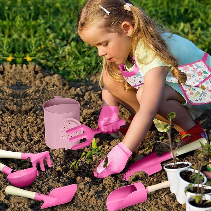 Kids Gardening Set 14Pcs Gardening Tools for Kids with Tote Bag,Watering Can, Shovel, Apron, Garden Book and More Educational STEM Learning Outdoor for Toddlers Boys Girls (Mermaid Rose Red)