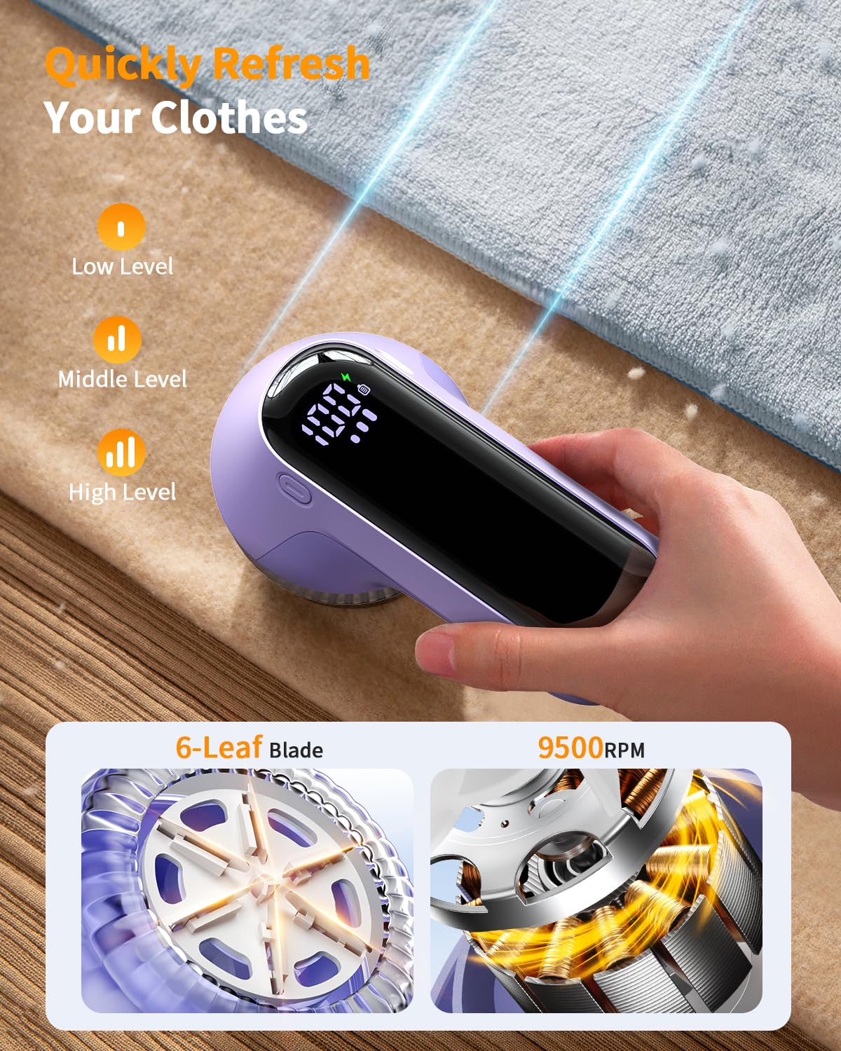 Fabric Shaver, Rechargeable Lint Shaver with Digital Display, Electric Portable Sweater Shaver with 6-Leaf Blades and Safety Lock, 3-Speeds Lint Remover to Remove Pilling for Clothes, Couch （Purple）