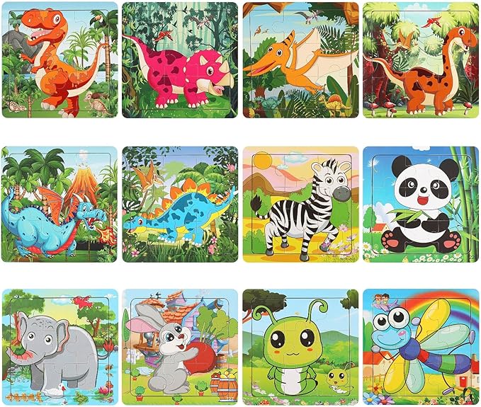 SANNIX 12 Pack Dinosaurs Animals Jigsaw Puzzles with 12 Organize Bags Wooden Dinosaurs Toddlers Puzzles for Kids Ages 3-6 Party Favors Educational Learning Travel Toys for Boys and Girls