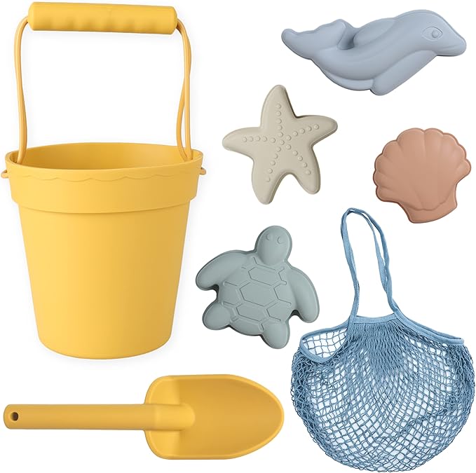 BLUE GINKGO Silicone Beach Toys - Modern Baby | Travel Friendly Toys Set | Silicone Bucket, Shovel, 4 Sand Molds, Beach Bag | Sand Toys for Toddlers, Kids - Yellow