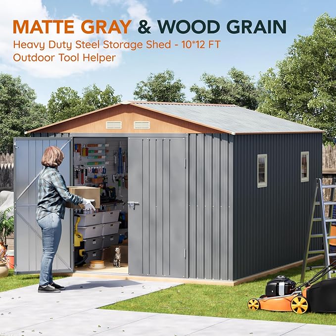 10x12x7.4FT Multi-Used Shed & Outdoor Storage Shed with Lockable Doors, Windows and Vents, Extra Large Metal Tool Shed for Garden, Backyard, Patio, Utility, and Various Storage Shed(Matte Gray)