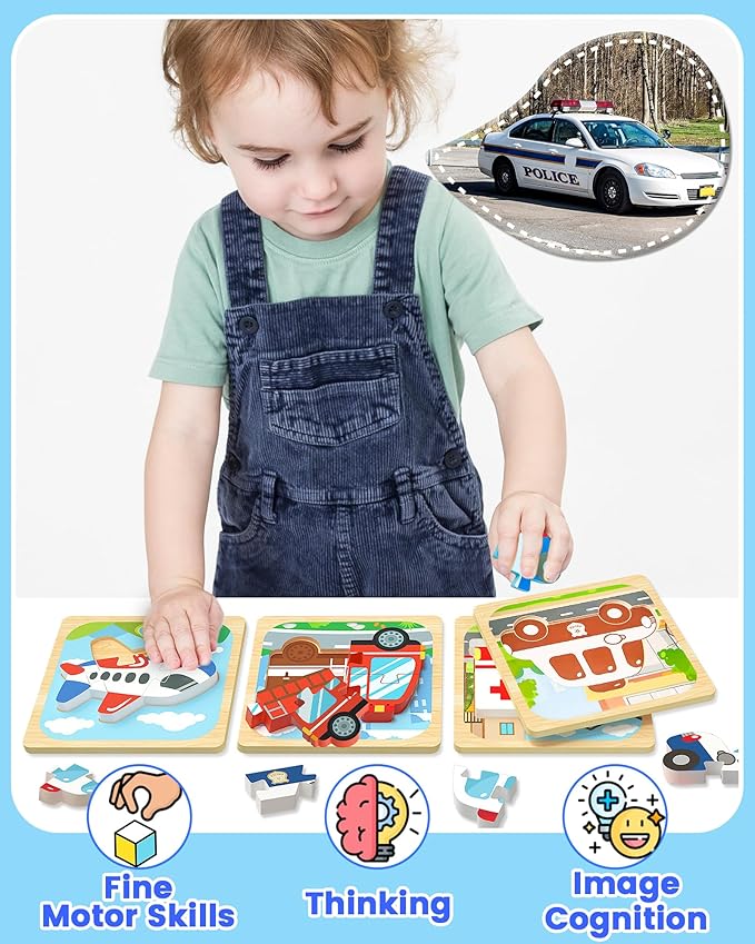 Benresive Wooden Toddler Puzzles, Montessori Toys for 1 2 3 Year Old Boys, Toys for 1 2 3 Year Old Boy Birthday Gifts, 4 Pack Vehicle Toddler Learning Educational Puzzles