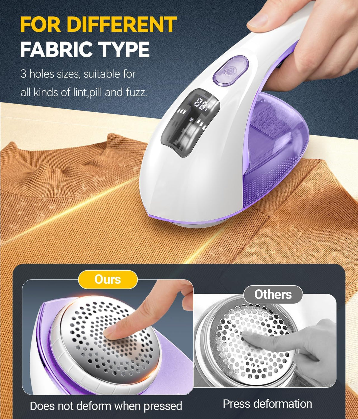 Rechargeable Fabric Shaver and Lint Remover, 3-Speed Adjustable Sweater Shaver with 6-Leaf Replaceable Stainless Steel Blades, 2.6Inch Large Mesh, Removable Bin for Clothes Fuzz, Lint, Pills, Bobbles