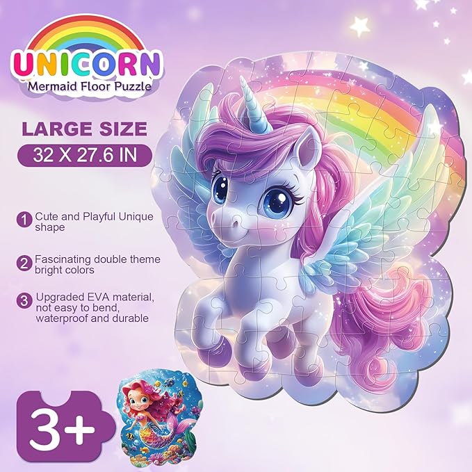 45pcs Unicorn & Mermaid Double-Sided Floor Puzzles, Ages 3-8, 27.6x32 In, Waterproof, EVA Material, Jumbo Jigsaw Puzzle, 1 Set of 45 Pieces