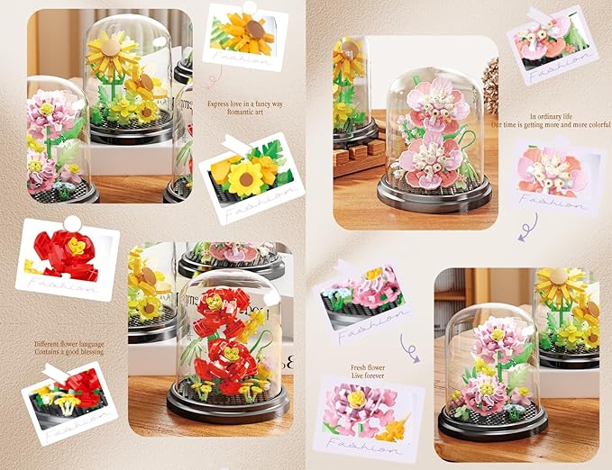 Passionate Bloom Home Bouquets Dust Cover Set Building Toy Creative Assembly Bonsai Tree, Ideal for Valentine's Anniversaries Birthday