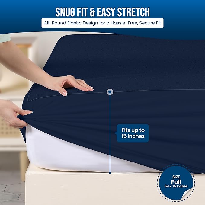 Utopia Bedding Waterproof Mattress Protector Full Size, Premium Terry Mattress Cover 200 GSM, Breathable, Fitted Style with Stretchable Pockets (Navy Blue)