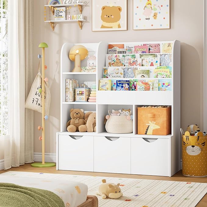 FOTOSOK 47'' Kids Bookcase and Bookshelf, Multifunctional Bookcase with 5 Storage Cubbies and 3 Movable Drawers, Toy Storager Display Stand, Toy Storage Organizer for Bedroom, Playroom, Hallway, White
