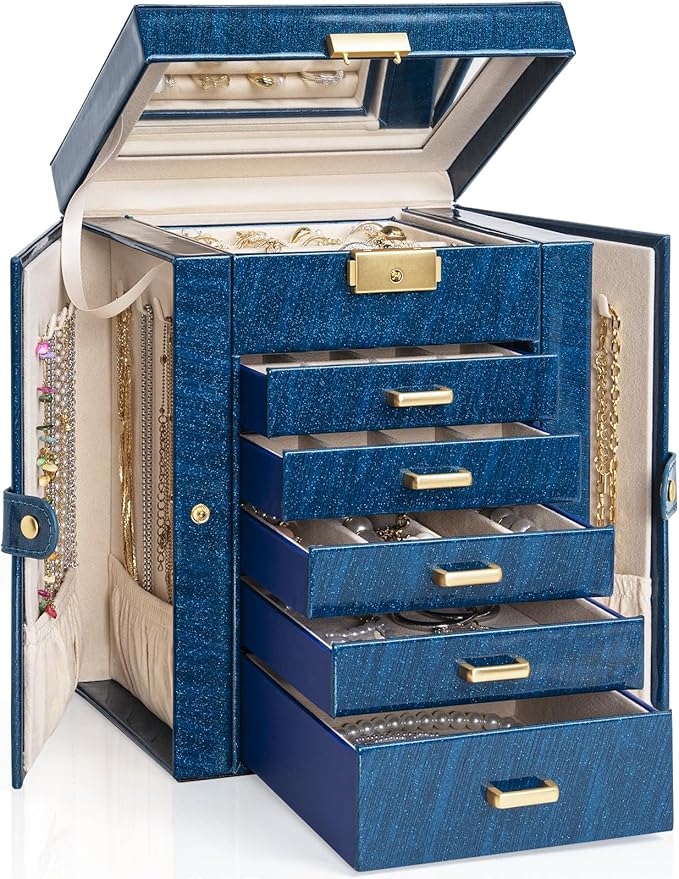AKOZLIN 6-Tier Jewelry Box Lockable Leather Jewelry Storage Case with 5 Drawers for Women Girls Ring Necklace Earring Bracelet Holder Organizer with Mirror Blue