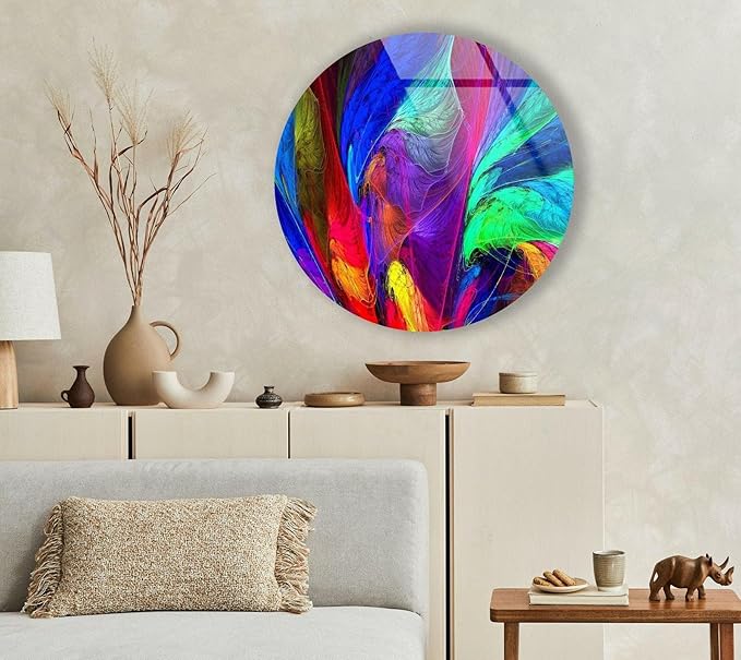 My Photostation.com 39,4''(100cm) Diameter Neon Colors Abstract Round Glass Wall Art Tempered Glass Printing Wall Decor Large Wall Art Wall Hangings