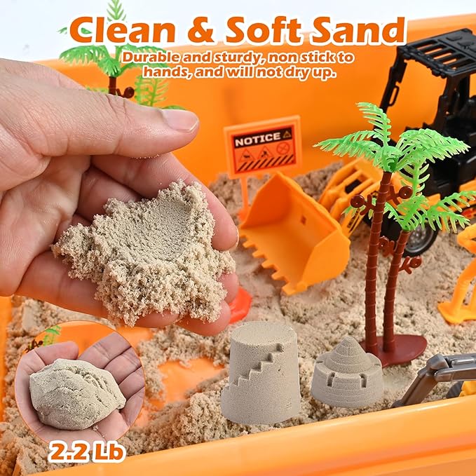 34Pcs Sand Construction Site Kit Sensory Bin Toy for Toddler with 8 Vehicles, 6 Castle Molds, 5 Road Signs, 4 Worker Figures, 2.2lbs Sand, Learning Sand Toys Birthday Gift for Kids Boys Ages 3 4 5