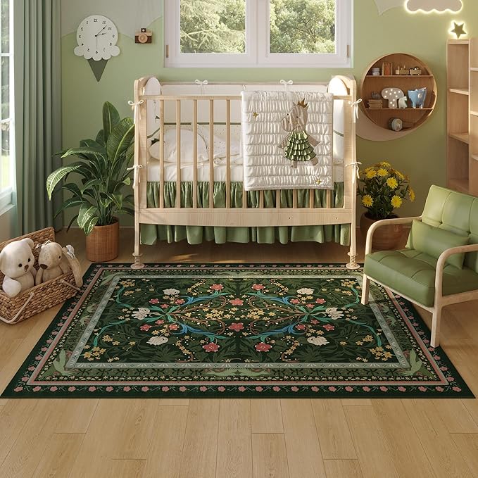 Area Rug 4x6 Rug Washable Vintage Floral Botanical Rugs Non Slip Low Pile Small Carpet for Bedroom, Bedside, Kids Room, Office, Dining Room, Green