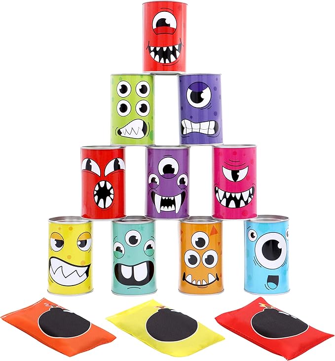 JOYIN 13 Pcs Carnival Bean Bag Toss, Knockdown Can Game Set, Holiday & Birthday Party Games, Outdoor Lawn Yard Activity for Kids Party Favors, Easter Egg Hunt for Classroom Gifts (Monster Style)