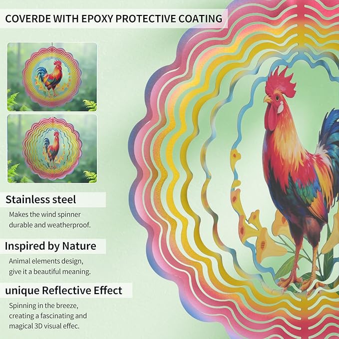 Wind Spinners Outdoor Chicken Decorations - Birthday Gifts for Women Mom Grandma, Rooster Deocr Hanging Wind Spinner 12 inch 3D Wind Sculptures for Garden Decor for Outside, Patio, Yard, Outdoor