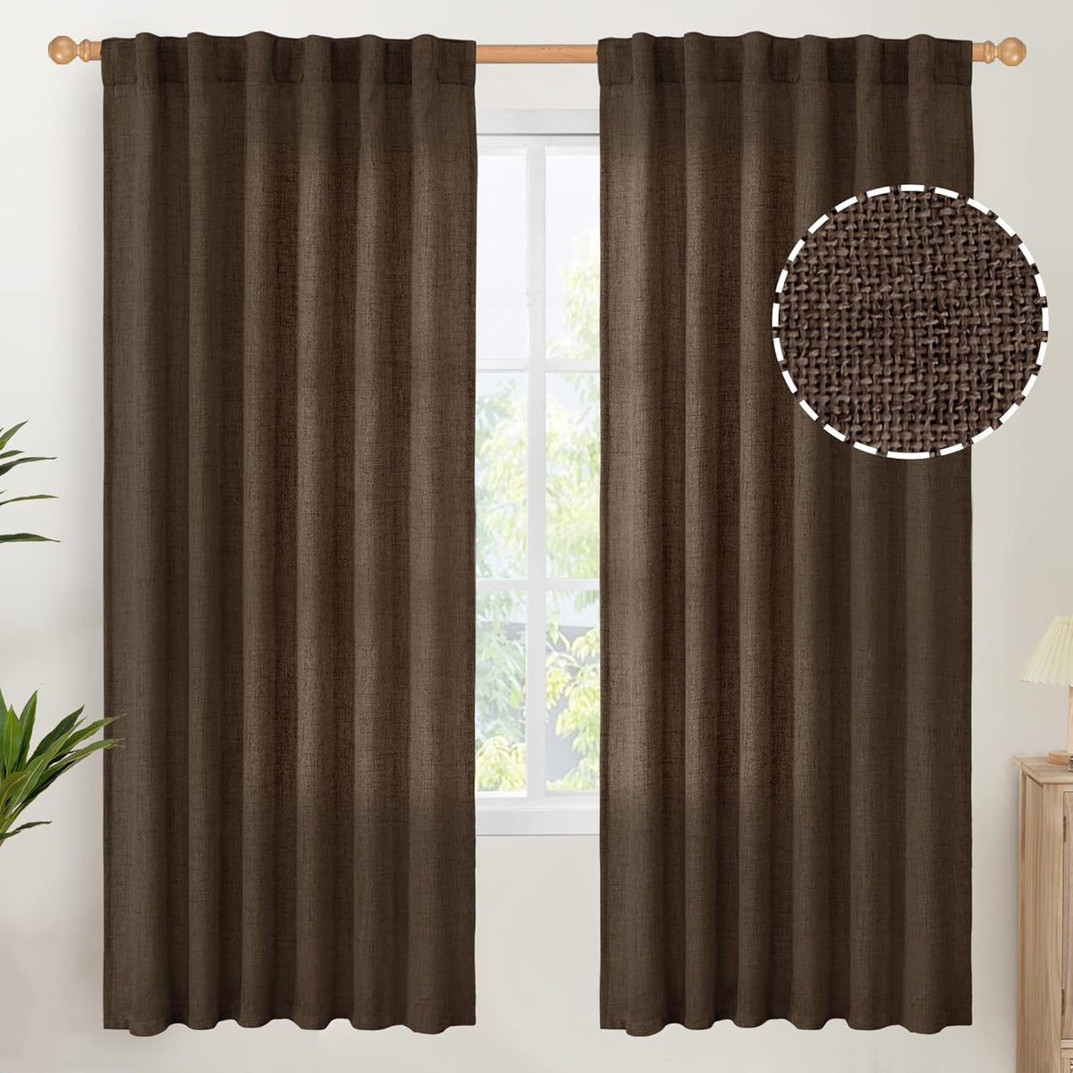 YoungsTex Dark Brown Linen Curtains for Living Room 2 Panels, Chocolate Light Filtering Window Drapes with Rod Pocket Back Tab Textured Semi Sheer for Dining Bedroom, 52 X 72 Inch