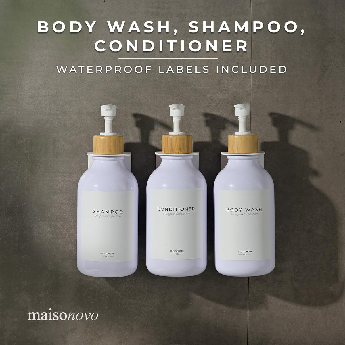 MaisoNovo Shampoo and Conditioner Dispenser - Shower Soap Dispenser Wall Mounted - 16.9 fl oz Set of 3 White Plastic Bottles Bamboo Pump - 3 Chamber No Drill