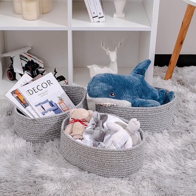 Baskets to Store Organize Household Items/Cute Basket&Bin for Shelf Storage Woven Rope Basket for Living Room, Bedroom,Play room/13x8.66x5.11’’ Cotton Rope,Durable&Stylish,Oval 3 Packs Gray
